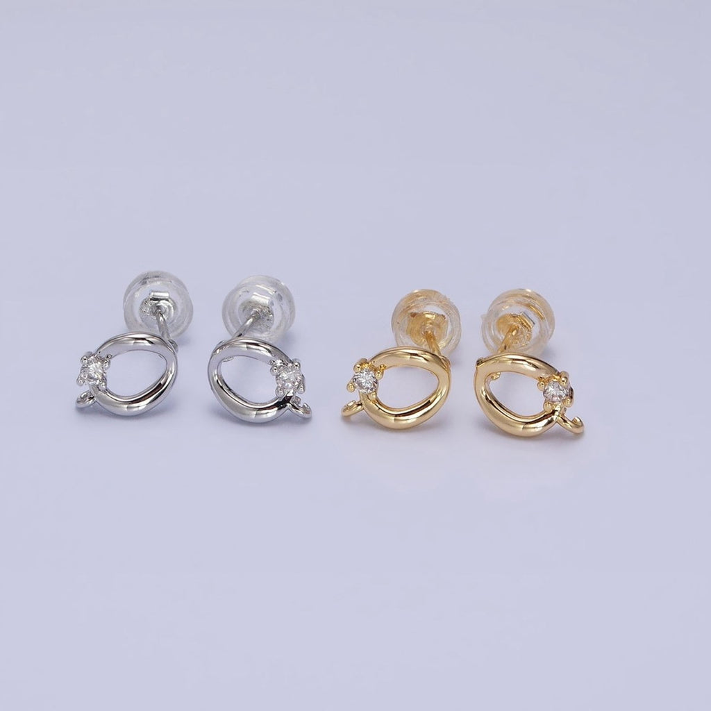 16K Gold plated Curved Oval Round Clear CZ Open Loop Stud Earrings in Silver & Gold | Z-200 Z-212 - DLUXCA