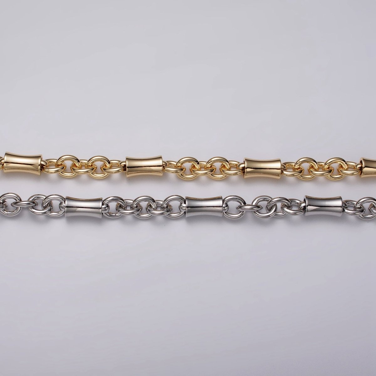 16k Gold plated Curved Tube Rolo Link Unfinished Chain in Gold & Silver by Yard | ROLL-1171 ROLL-1172 Clearance Pricing - DLUXCA
