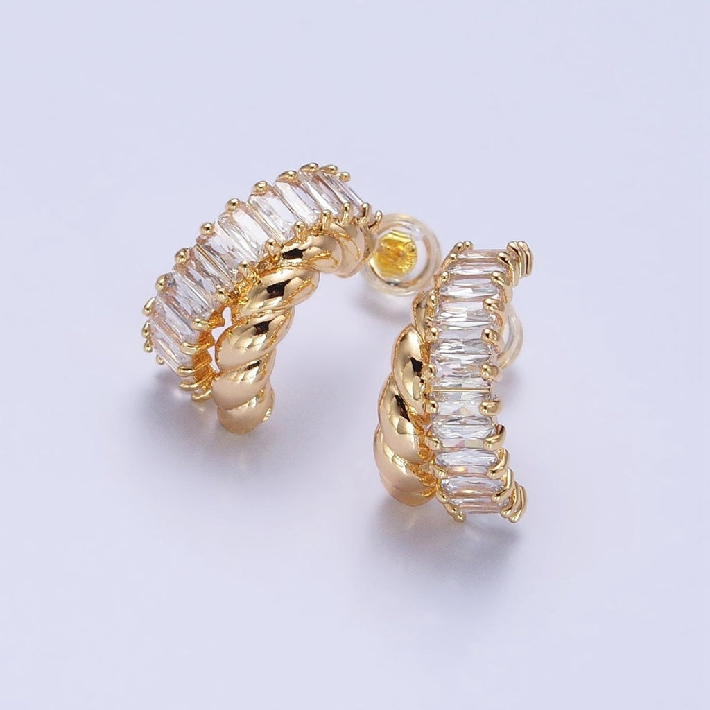 16K Gold plated CZ Clear Baguette Croissant Double Band C-Shaped Hoop Earrings | AB385 - DLUXCA