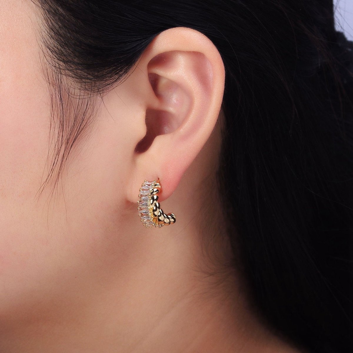 16K Gold plated CZ Clear Baguette Croissant Double Band C-Shaped Hoop Earrings | AB385 - DLUXCA
