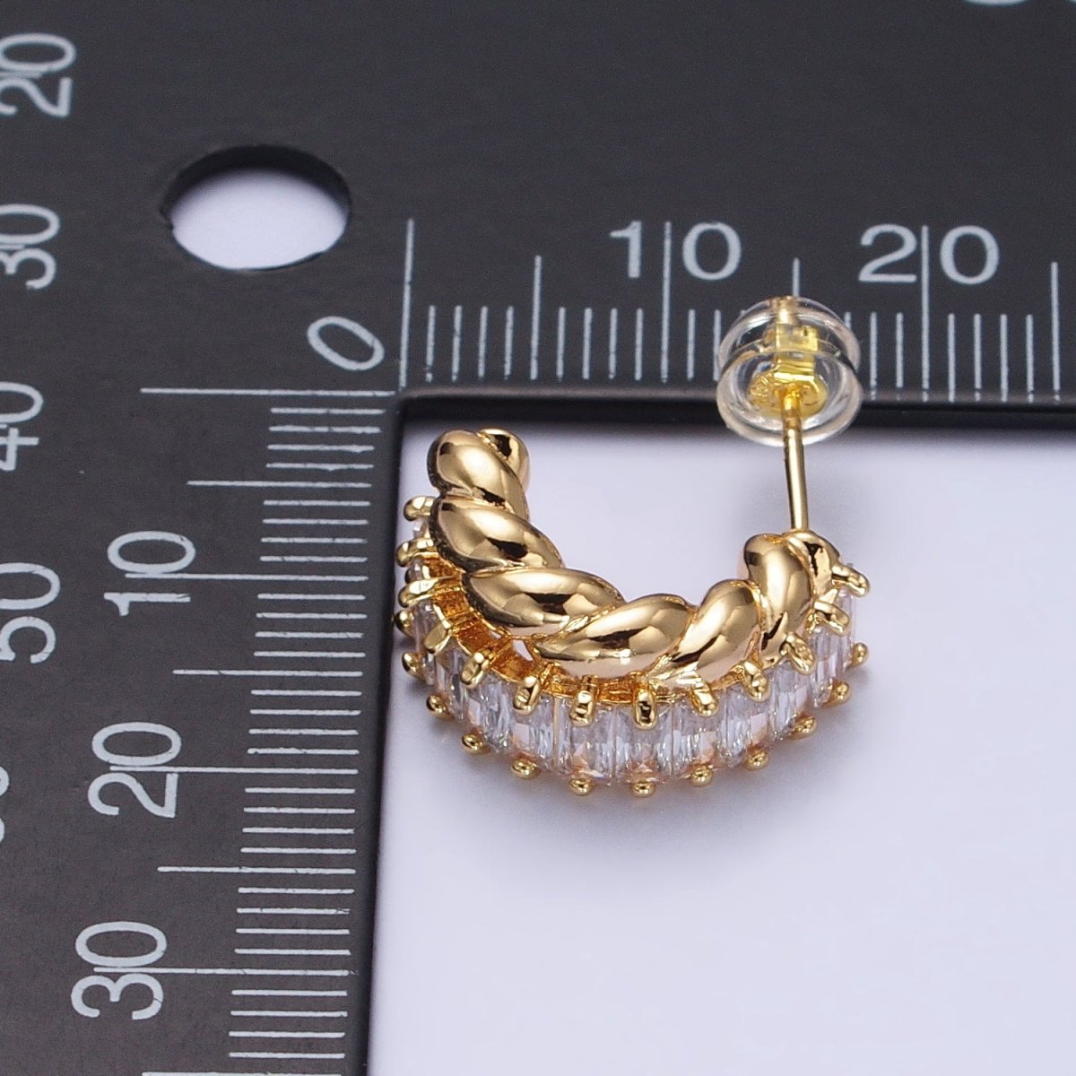 16K Gold plated CZ Clear Baguette Croissant Double Band C-Shaped Hoop Earrings | AB385 - DLUXCA