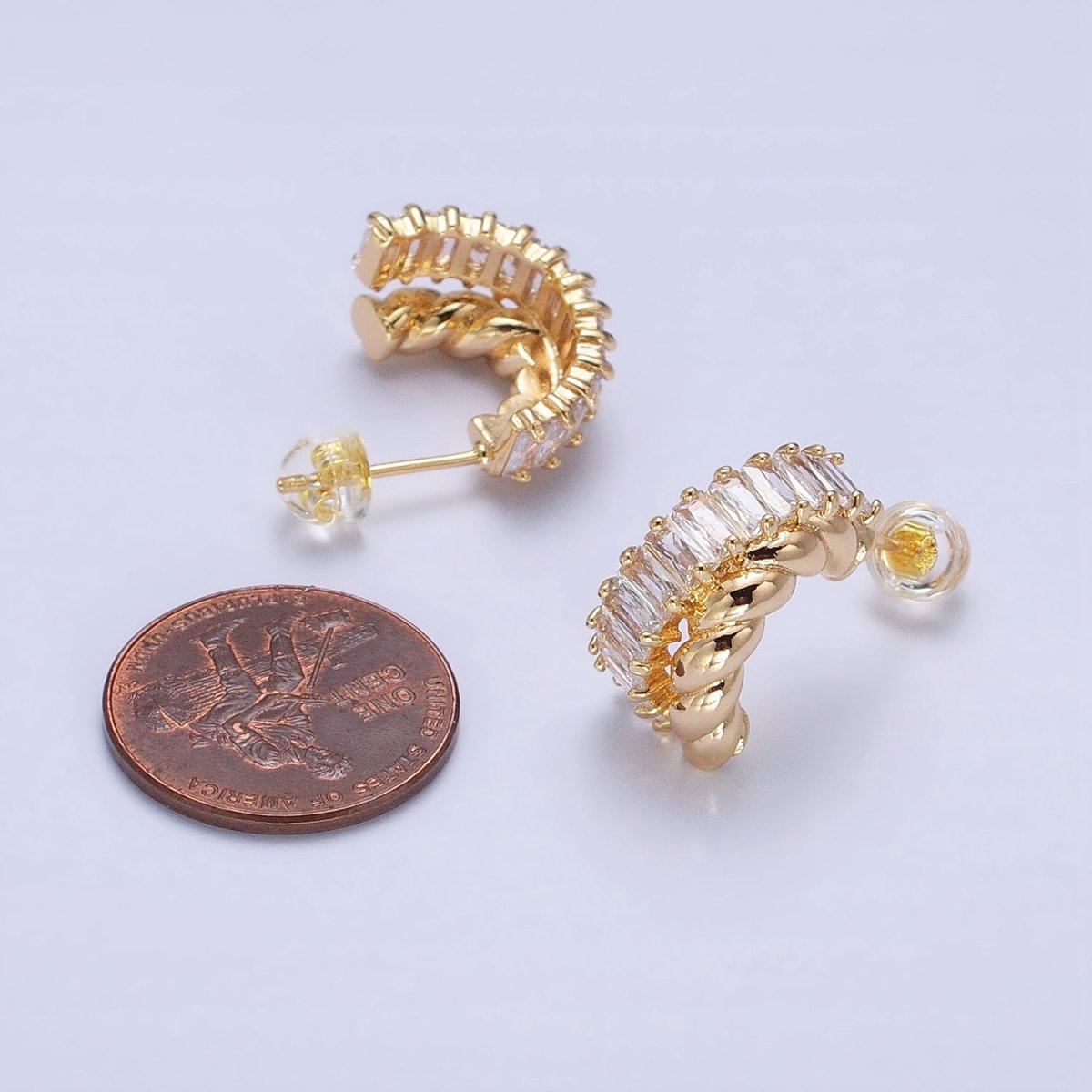 16K Gold plated CZ Clear Baguette Croissant Double Band C-Shaped Hoop Earrings | AB385 - DLUXCA