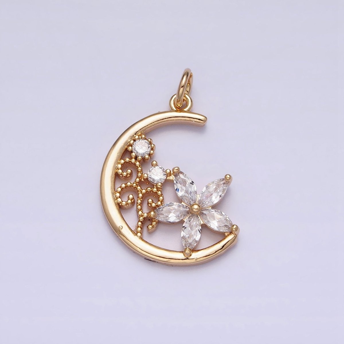 16K Gold plated CZ Marquise Flower Beaded Plant Crescent Moon Add-On Charm in Gold & Silver | AC1209 AC1210 - DLUXCA