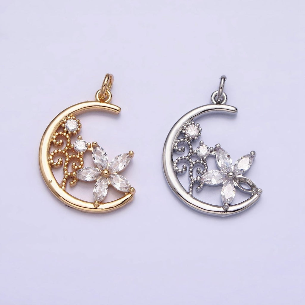 16K Gold plated CZ Marquise Flower Beaded Plant Crescent Moon Add-On Charm in Gold & Silver | AC1209 AC1210 - DLUXCA