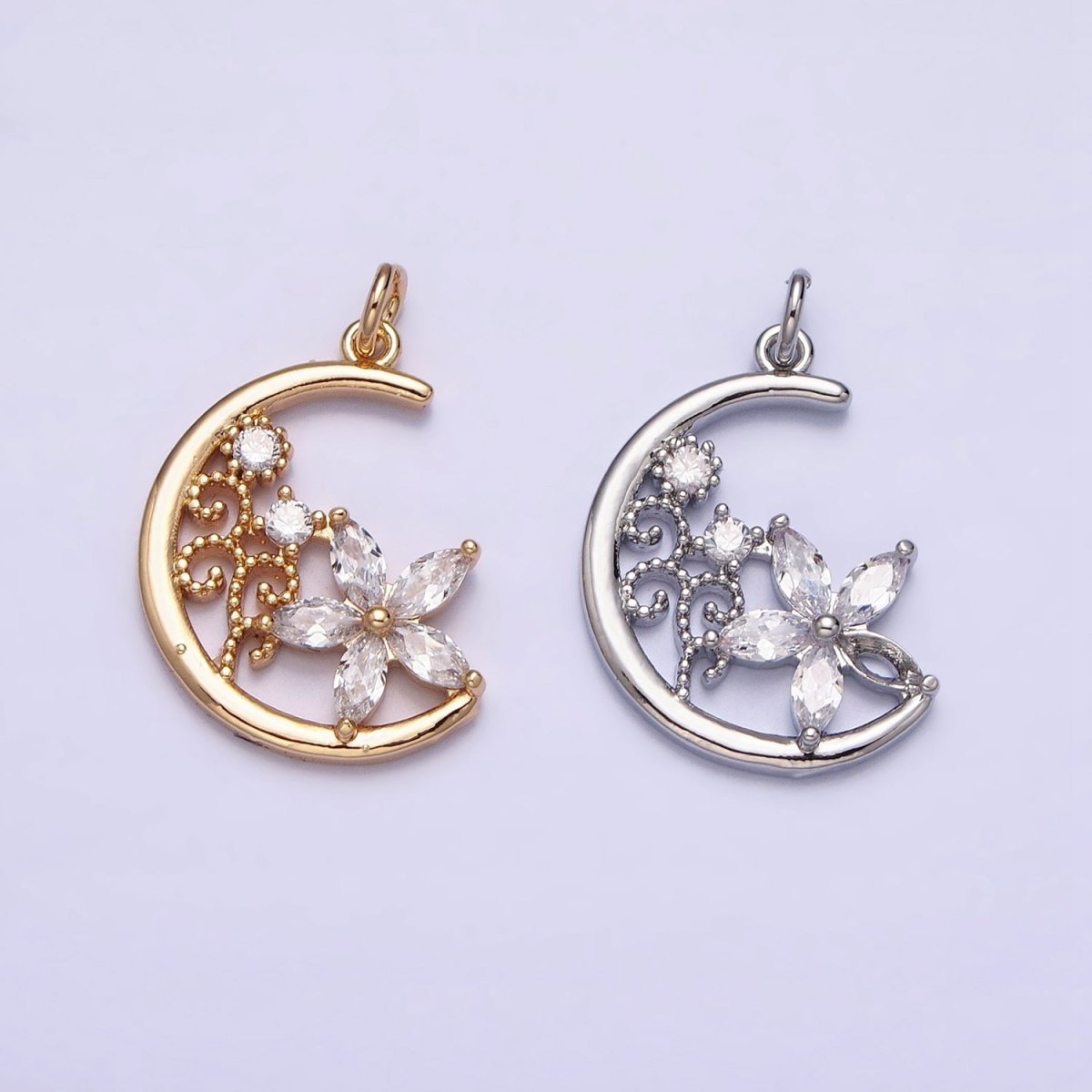 16K Gold plated CZ Marquise Flower Beaded Plant Crescent Moon Add-On Charm in Gold & Silver | AC1209 AC1210 - DLUXCA
