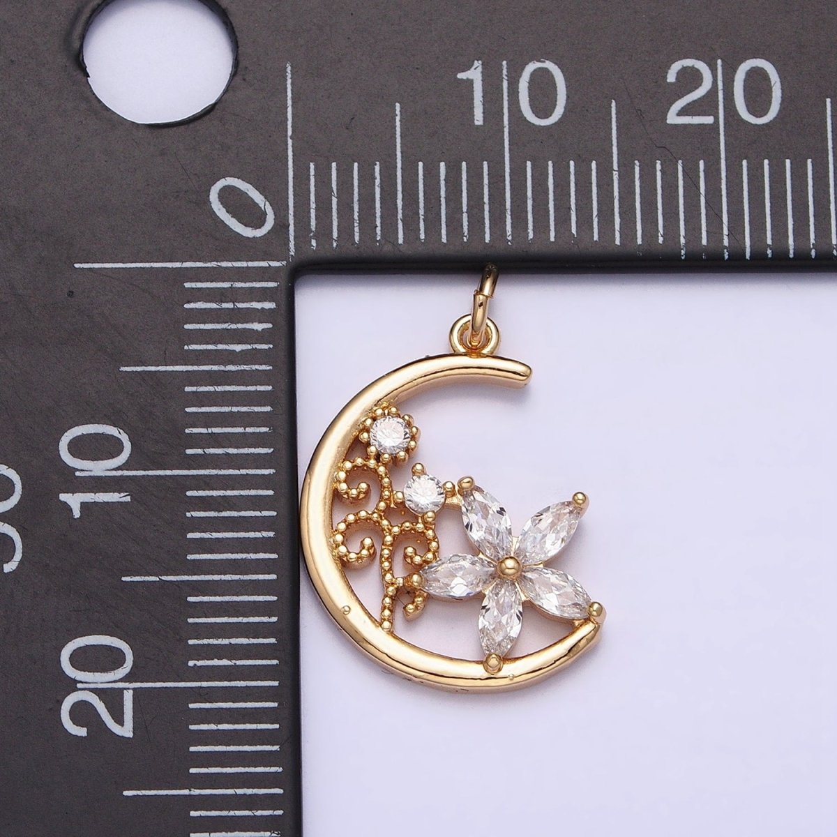16K Gold plated CZ Marquise Flower Beaded Plant Crescent Moon Add-On Charm in Gold & Silver | AC1209 AC1210 - DLUXCA