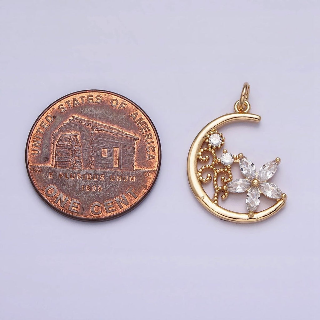16K Gold plated CZ Marquise Flower Beaded Plant Crescent Moon Add-On Charm in Gold & Silver | AC1209 AC1210 - DLUXCA