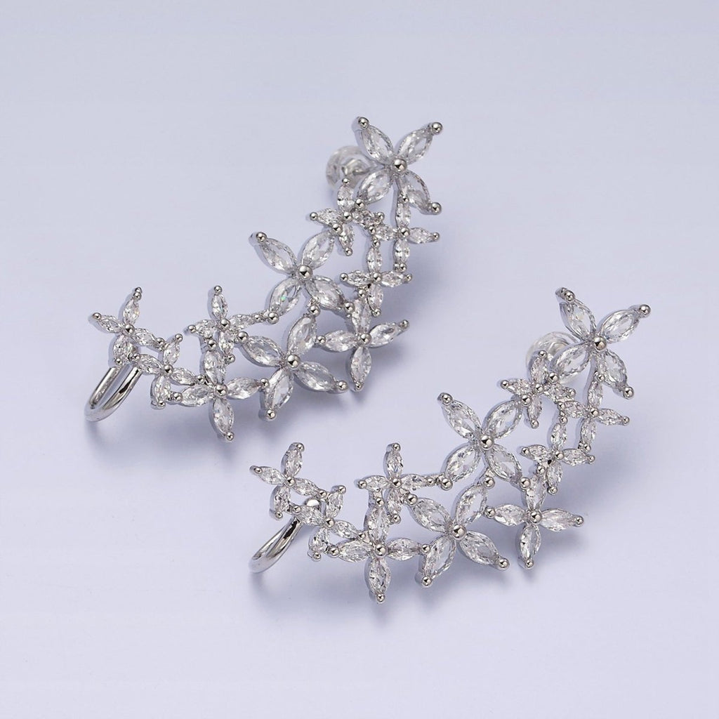 16K Gold plated CZ Marquise Flower Butterfly Ear Cuff Stud Earrings in Gold & Silver | AD1143 AD1144 - DLUXCA