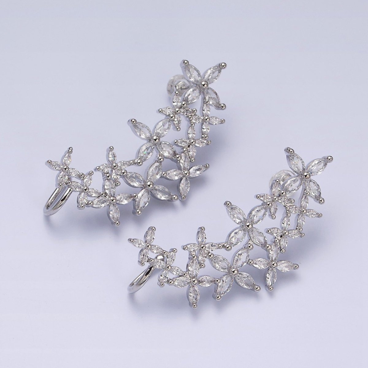 16K Gold plated CZ Marquise Flower Butterfly Ear Cuff Stud Earrings in Gold & Silver | AD1143 AD1144 - DLUXCA