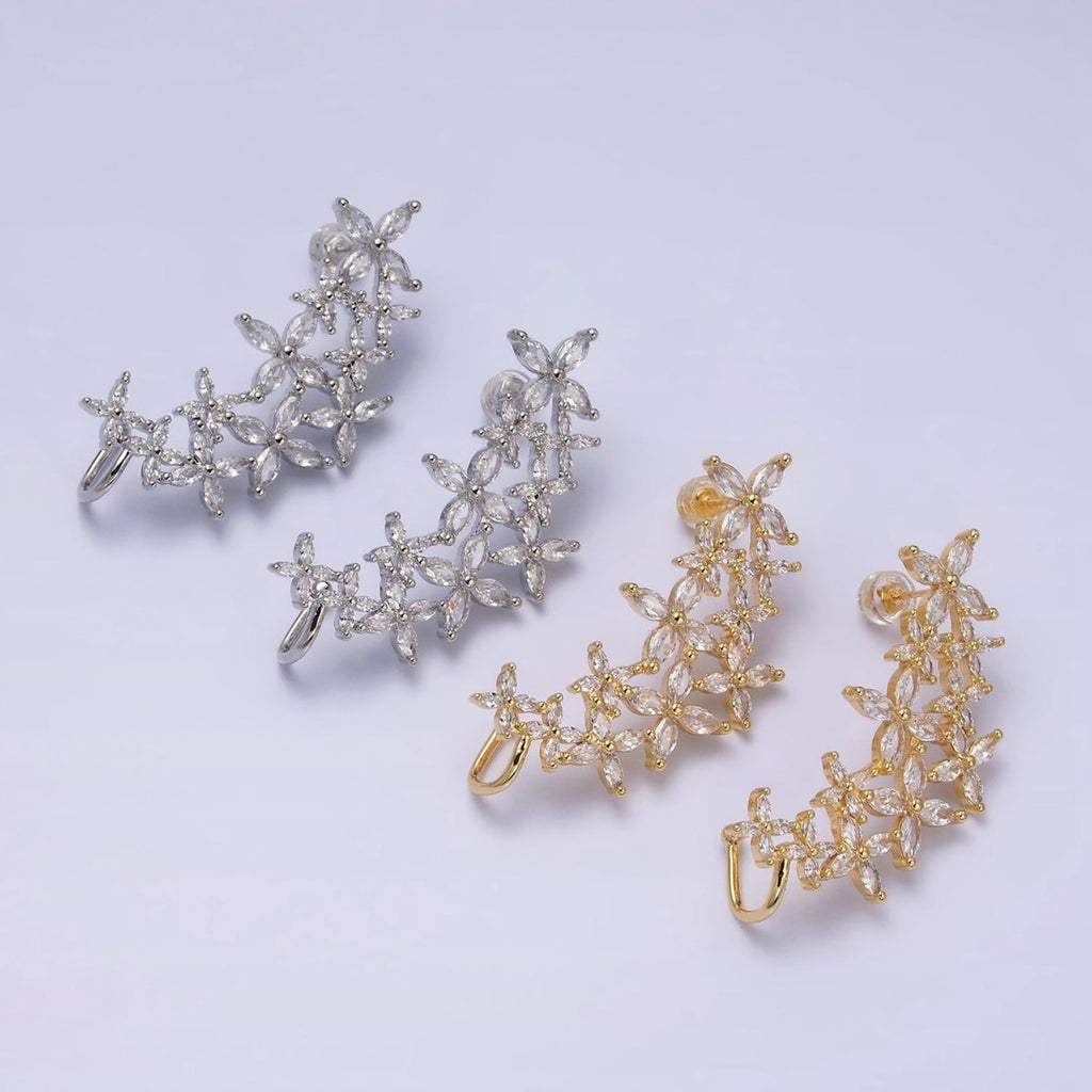 16K Gold plated CZ Marquise Flower Butterfly Ear Cuff Stud Earrings in Gold & Silver | AD1143 AD1144 - DLUXCA
