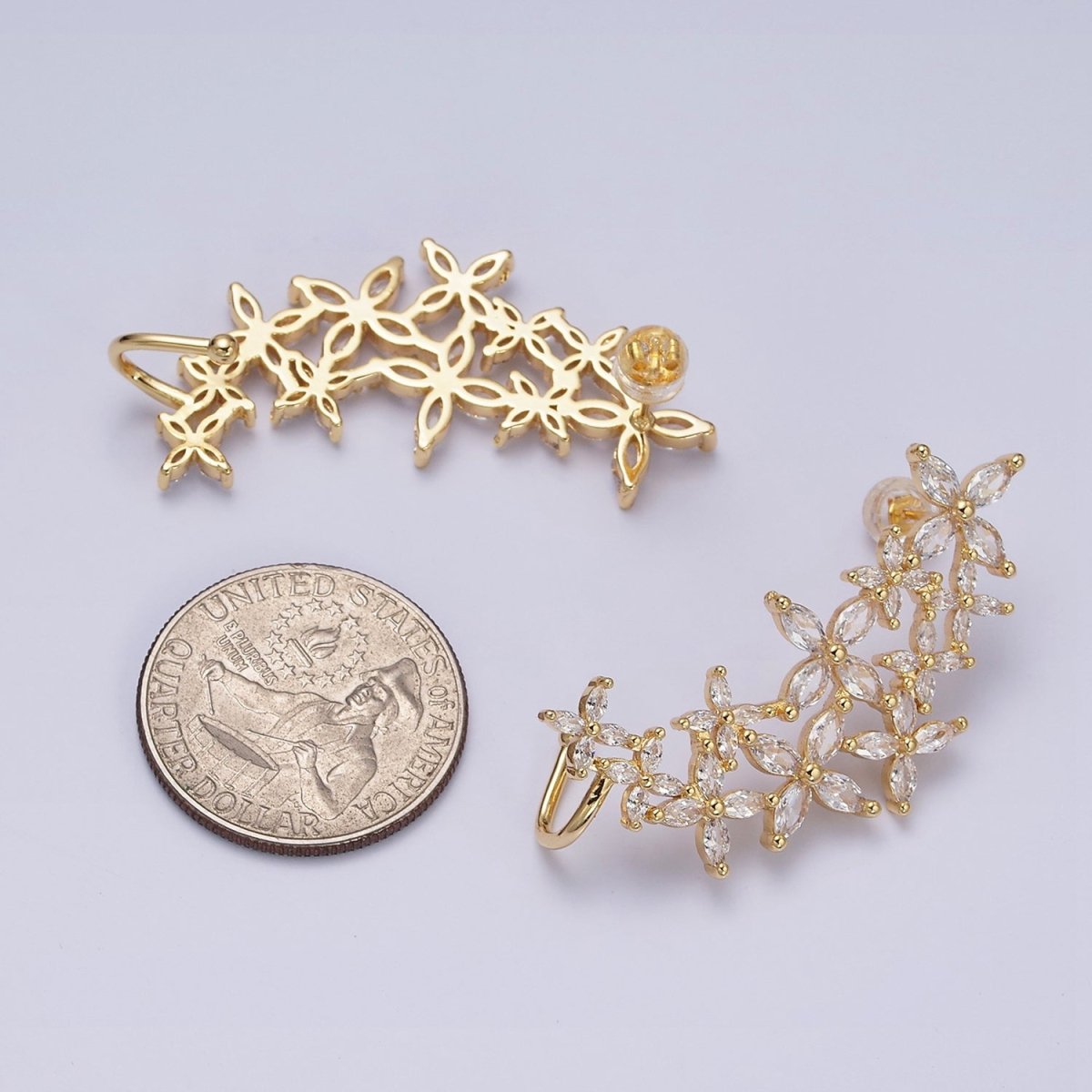 16K Gold plated CZ Marquise Flower Butterfly Ear Cuff Stud Earrings in Gold & Silver | AD1143 AD1144 - DLUXCA
