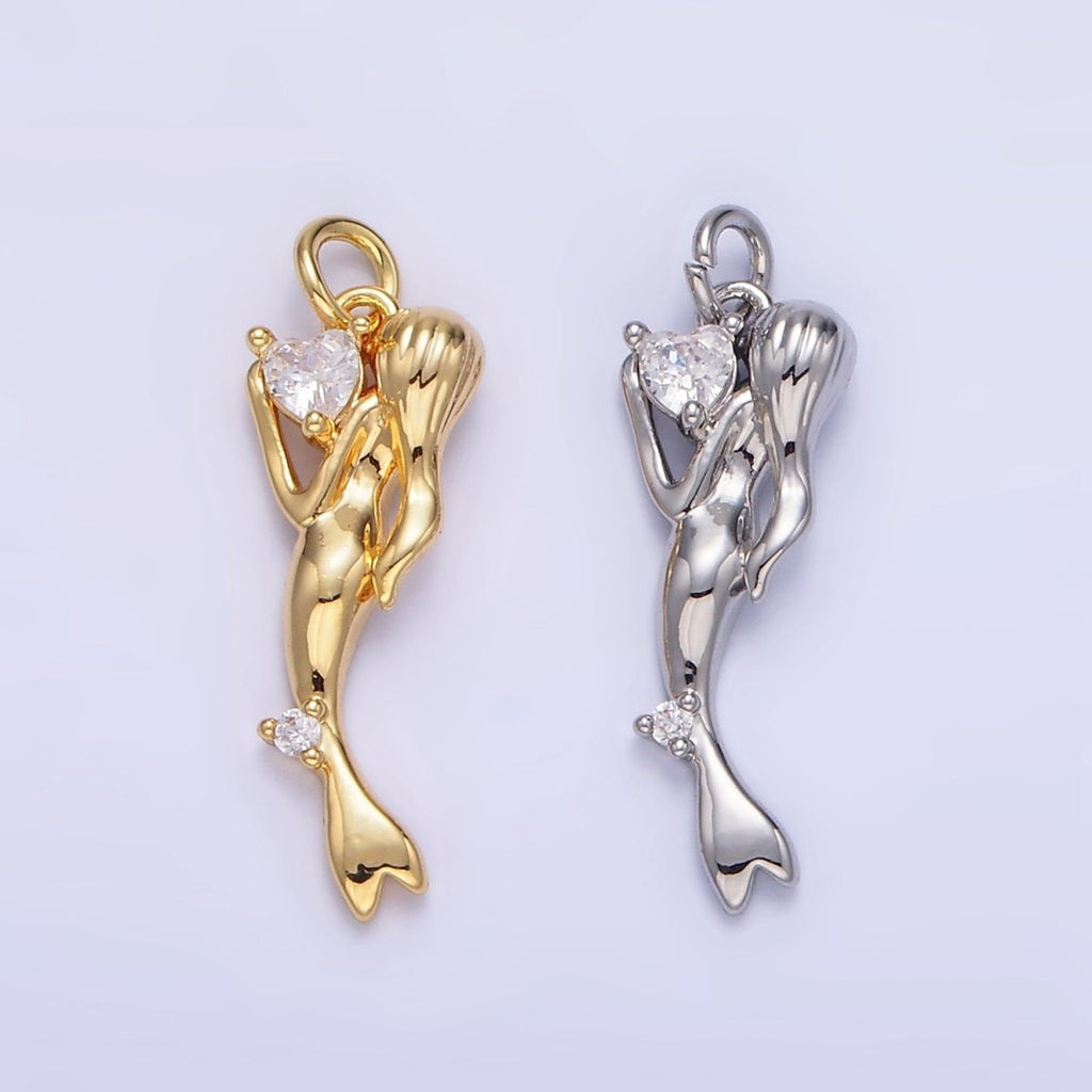 24K Gold plated CZ Mermaid Portrait Charm in Gold & Silver | AG840