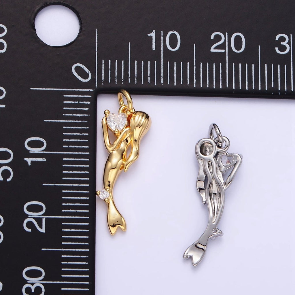 24K Gold plated CZ Mermaid Portrait Charm in Gold & Silver | AG840