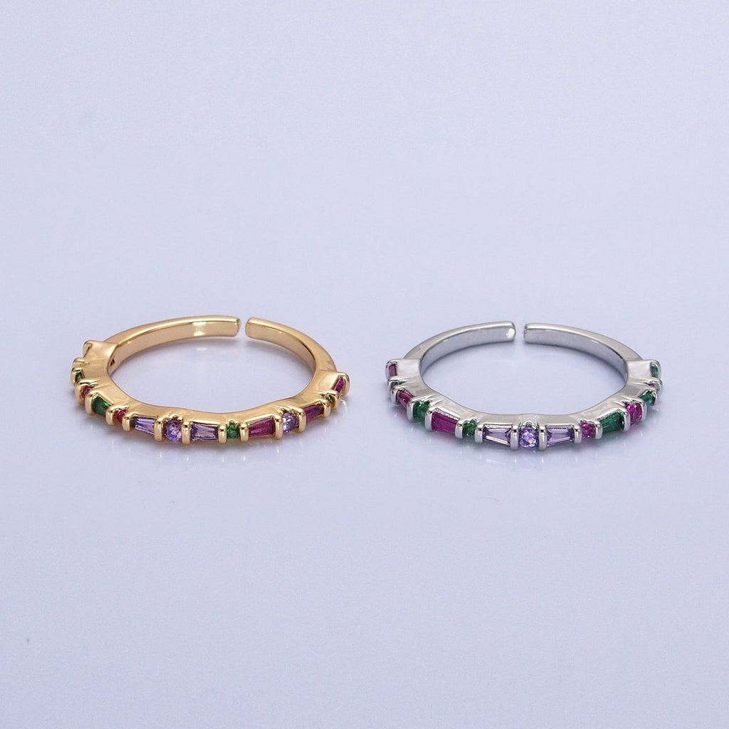 16K Gold plated CZ Multicolor Round Baguette Lined Ring in Gold & Silver | O-1932 O-1933
