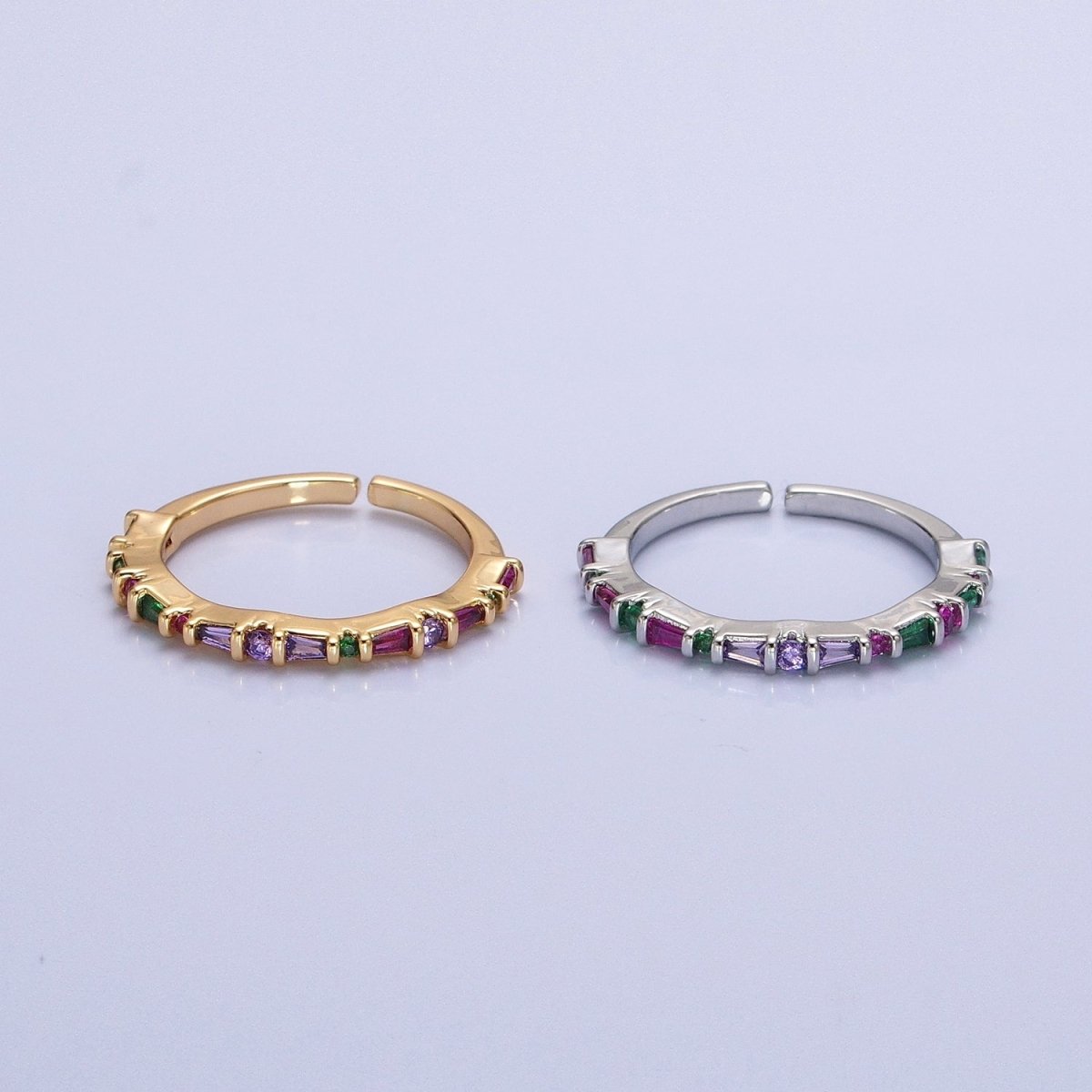 16K Gold plated CZ Multicolor Round Baguette Lined Ring in Gold & Silver | O-1932 O-1933
