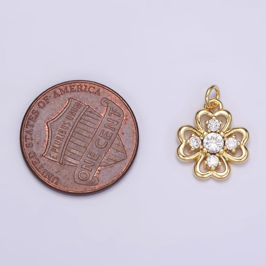 16K Gold plated CZ Quatrefoil Heart Petal Flower Open Charm in Gold & Silver | M116