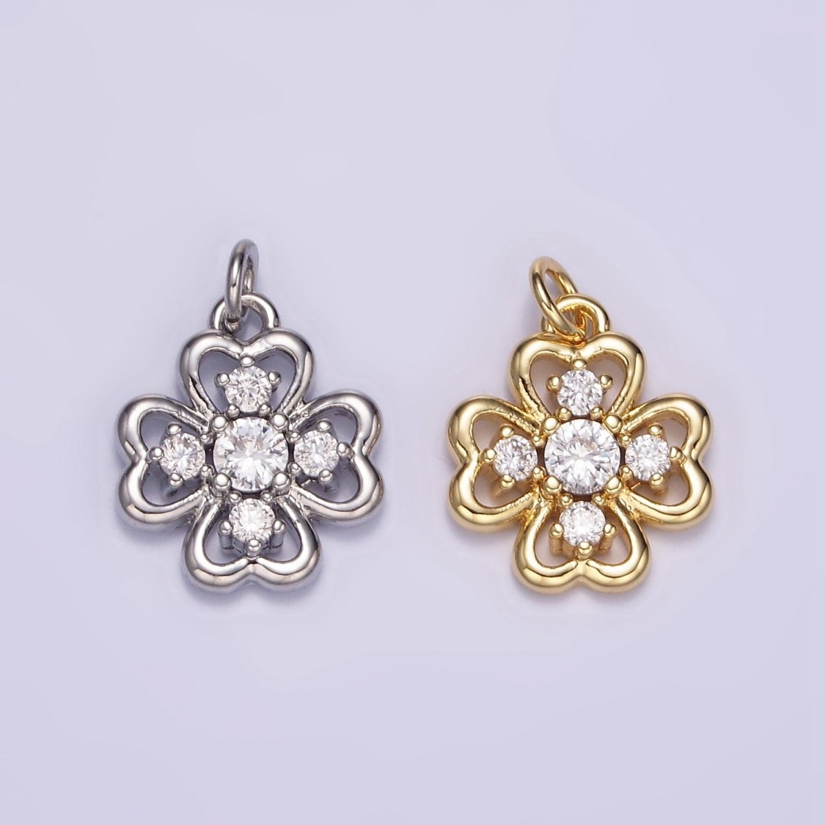 16K Gold plated CZ Quatrefoil Heart Petal Flower Open Charm in Gold & Silver | M116