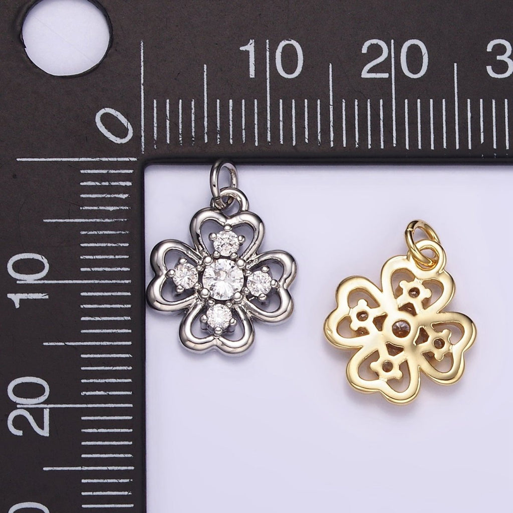 16K Gold plated CZ Quatrefoil Heart Petal Flower Open Charm in Gold & Silver | M116