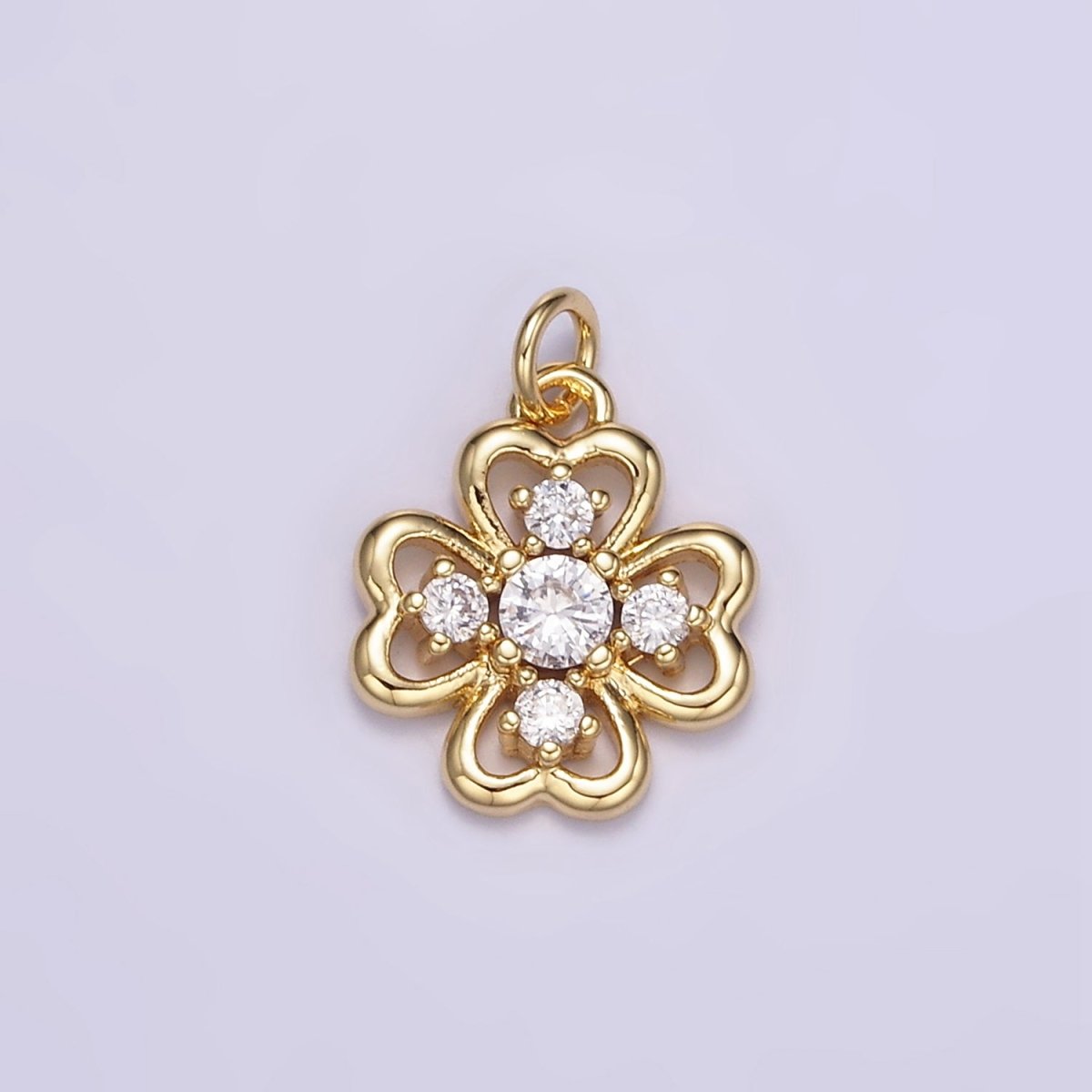 16K Gold plated CZ Quatrefoil Heart Petal Flower Open Charm in Gold & Silver | M116