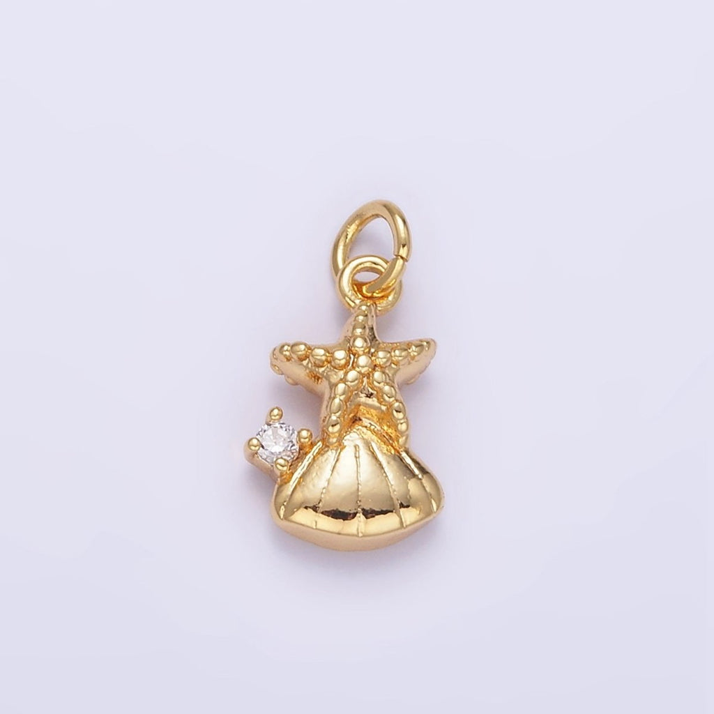 16K Gold plated CZ Starfish Clam Shell Mini Charm | AG849 - DLUXCA