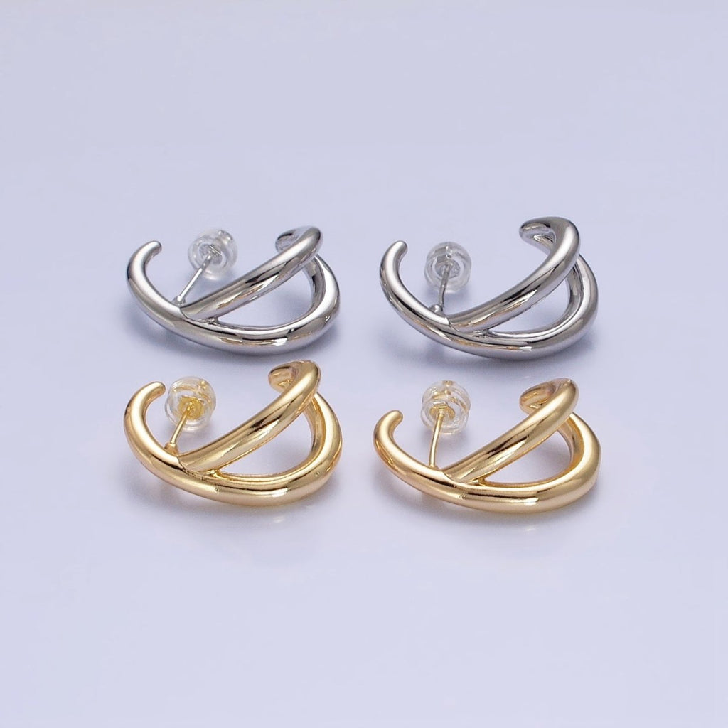 16K Gold plated Double Band Circular Claw C-Shaped Hoop Stud Earrings in Silver & Gold | AB896 AB913