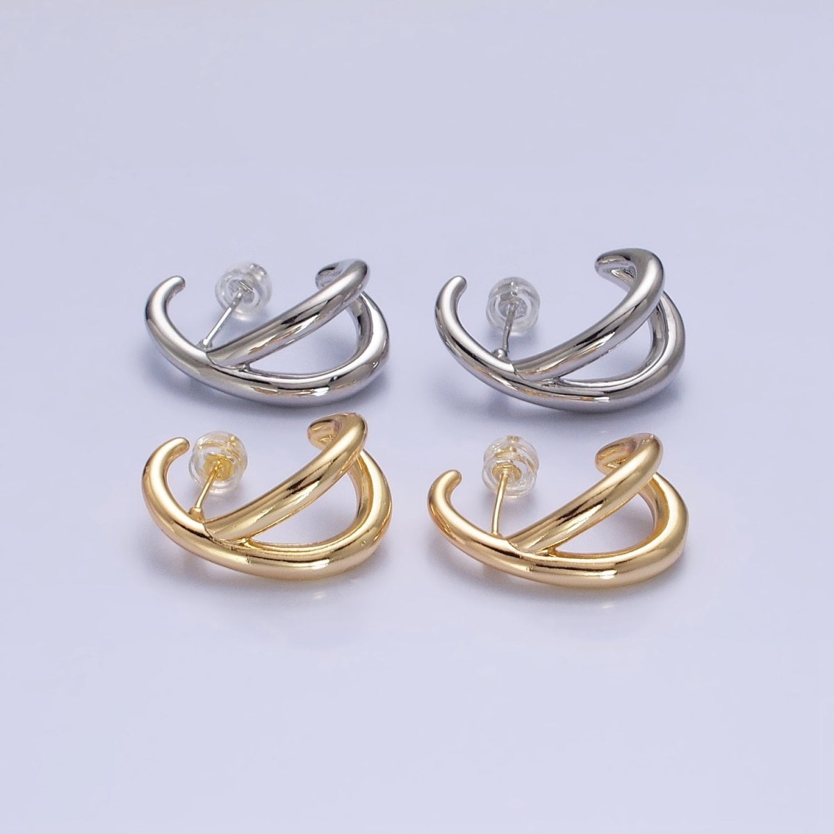 16K Gold plated Double Band Circular Claw C-Shaped Hoop Stud Earrings in Silver & Gold | AB896 AB913