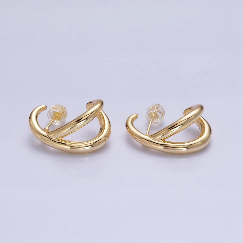 16K Gold plated Double Band Circular Claw C-Shaped Hoop Stud Earrings in Silver & Gold | AB896 AB913