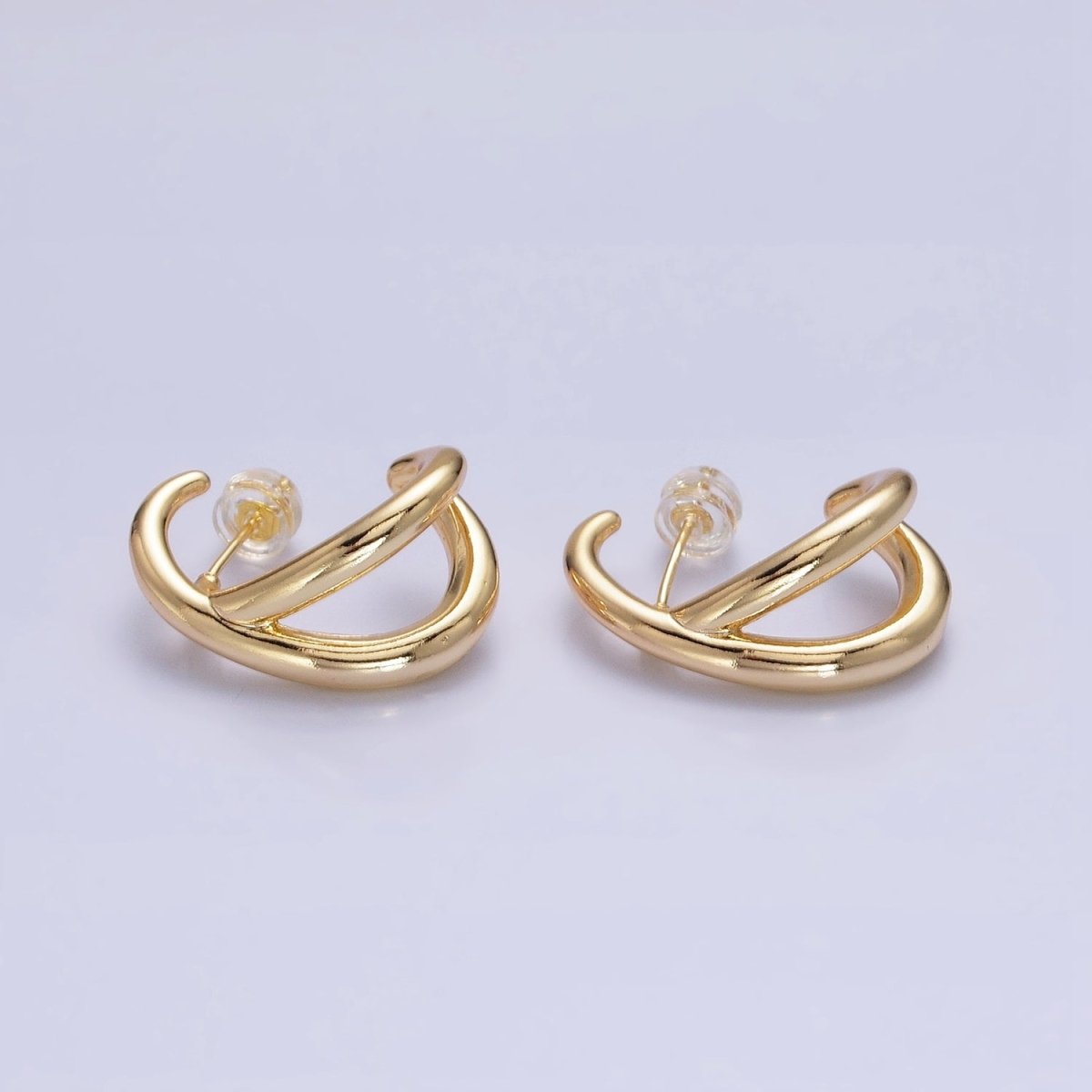 16K Gold plated Double Band Circular Claw C-Shaped Hoop Stud Earrings in Silver & Gold | AB896 AB913
