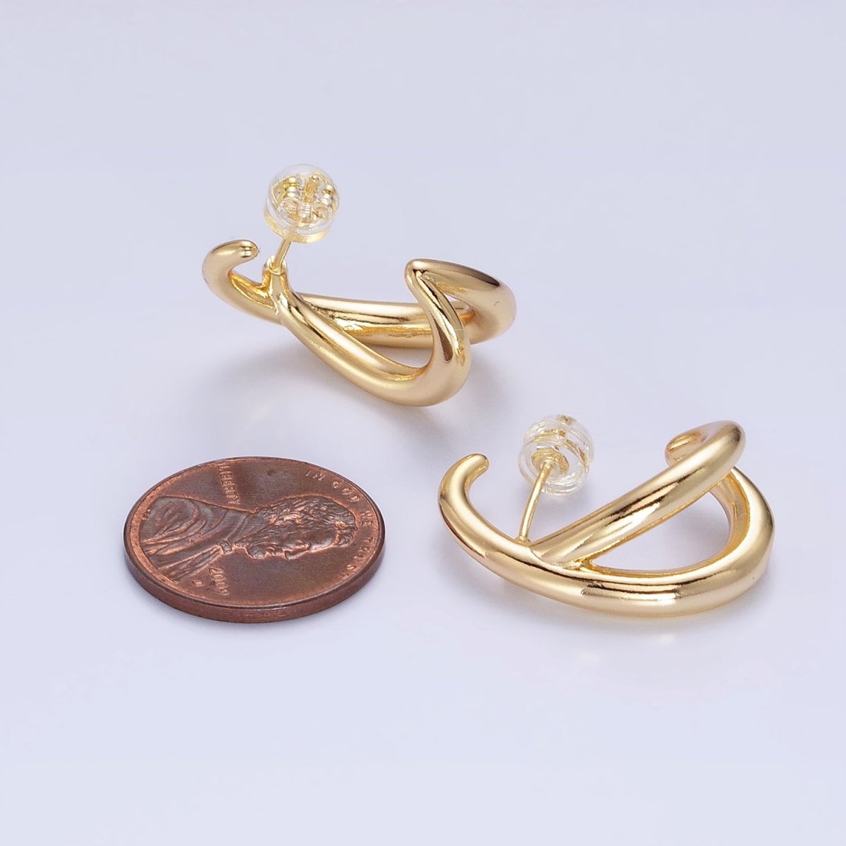 16K Gold plated Double Band Circular Claw C-Shaped Hoop Stud Earrings in Silver & Gold | AB896 AB913