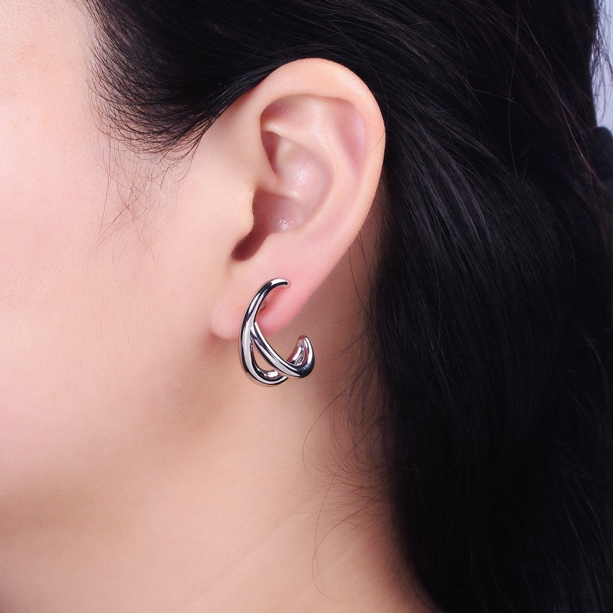 16K Gold plated Double Band Circular Claw C-Shaped Hoop Stud Earrings in Silver & Gold | AB896 AB913