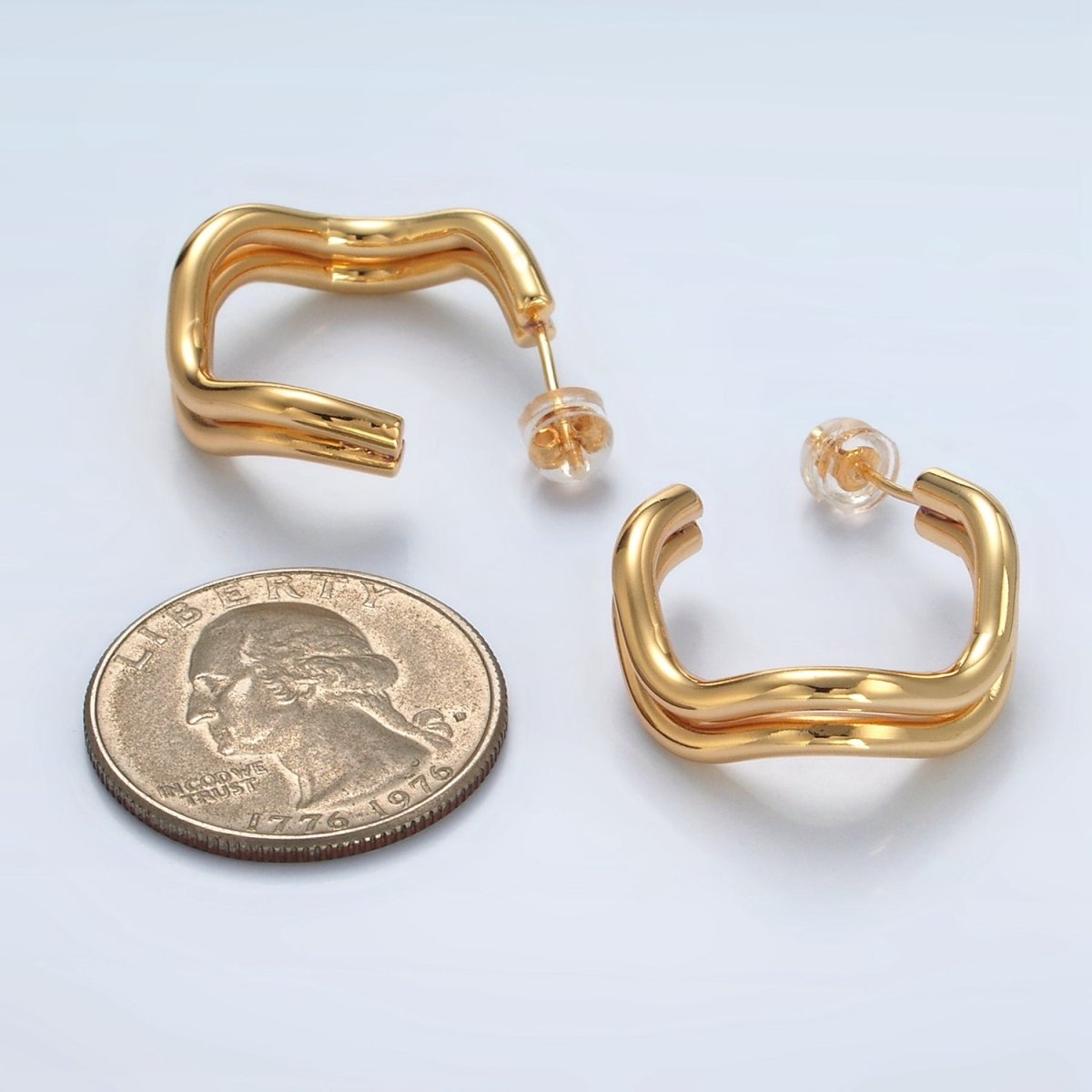 16k Gold plated Double Band Geometric C Shaped Hoop Earrings Gold and Silver | P528 - P529 - DLUXCA