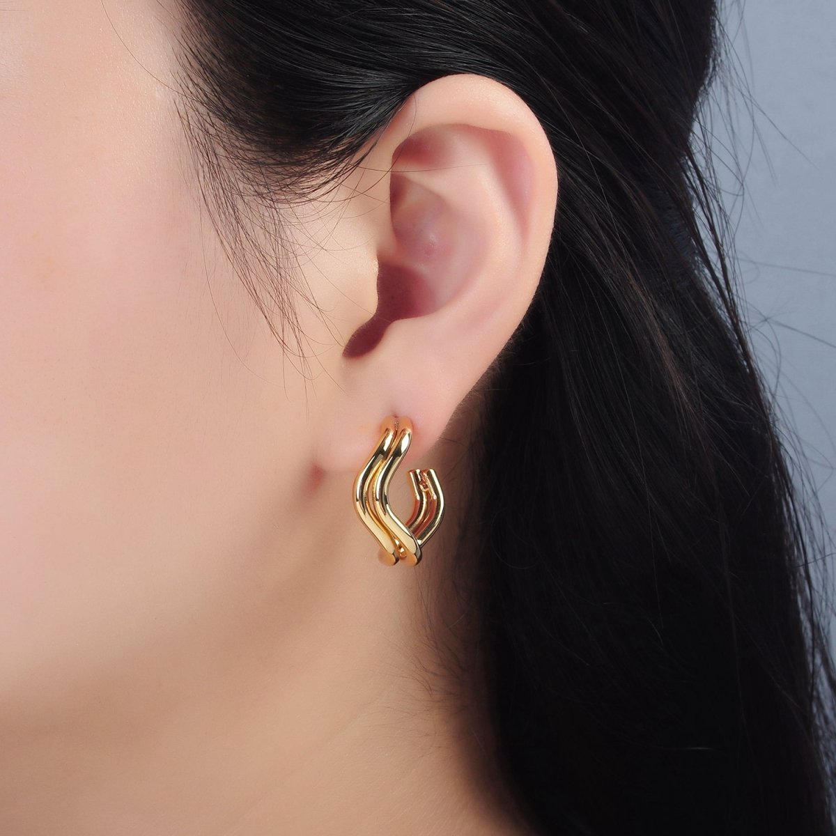 16k Gold plated Double Band Geometric C Shaped Hoop Earrings Gold and Silver | P528 - P529 - DLUXCA