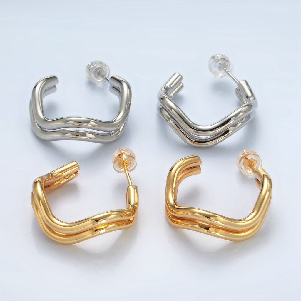 16k Gold plated Double Band Geometric C Shaped Hoop Earrings Gold and Silver | P528 - P529 - DLUXCA