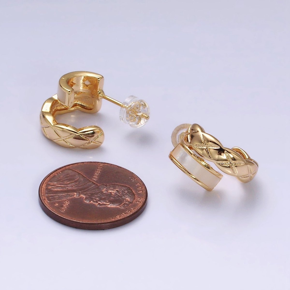 16K Gold plated Double Band Quilted X Cross Pearl Lied C-Shaped Hoop Earrings in Gold & Silver | AD096 AD097 - DLUXCA