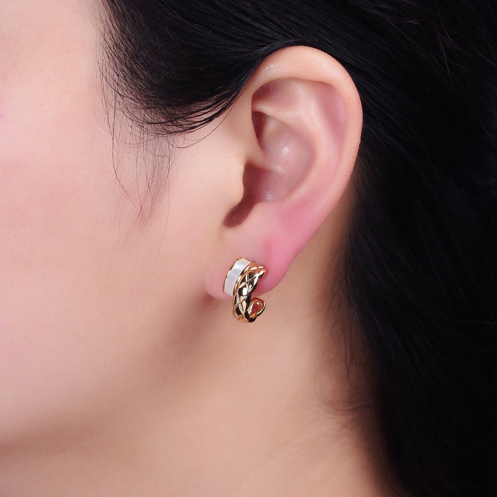 16K Gold plated Double Band Quilted X Cross Pearl Lied C-Shaped Hoop Earrings in Gold & Silver | AD096 AD097 - DLUXCA