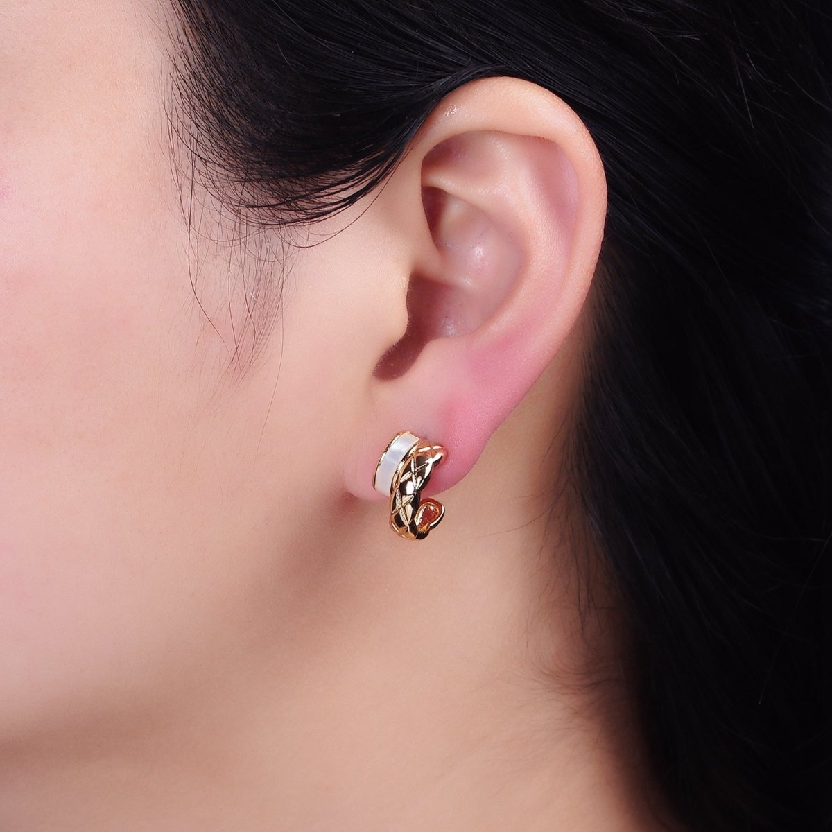 16K Gold plated Double Band Quilted X Cross Pearl Lied C-Shaped Hoop Earrings in Gold & Silver | AD096 AD097 - DLUXCA