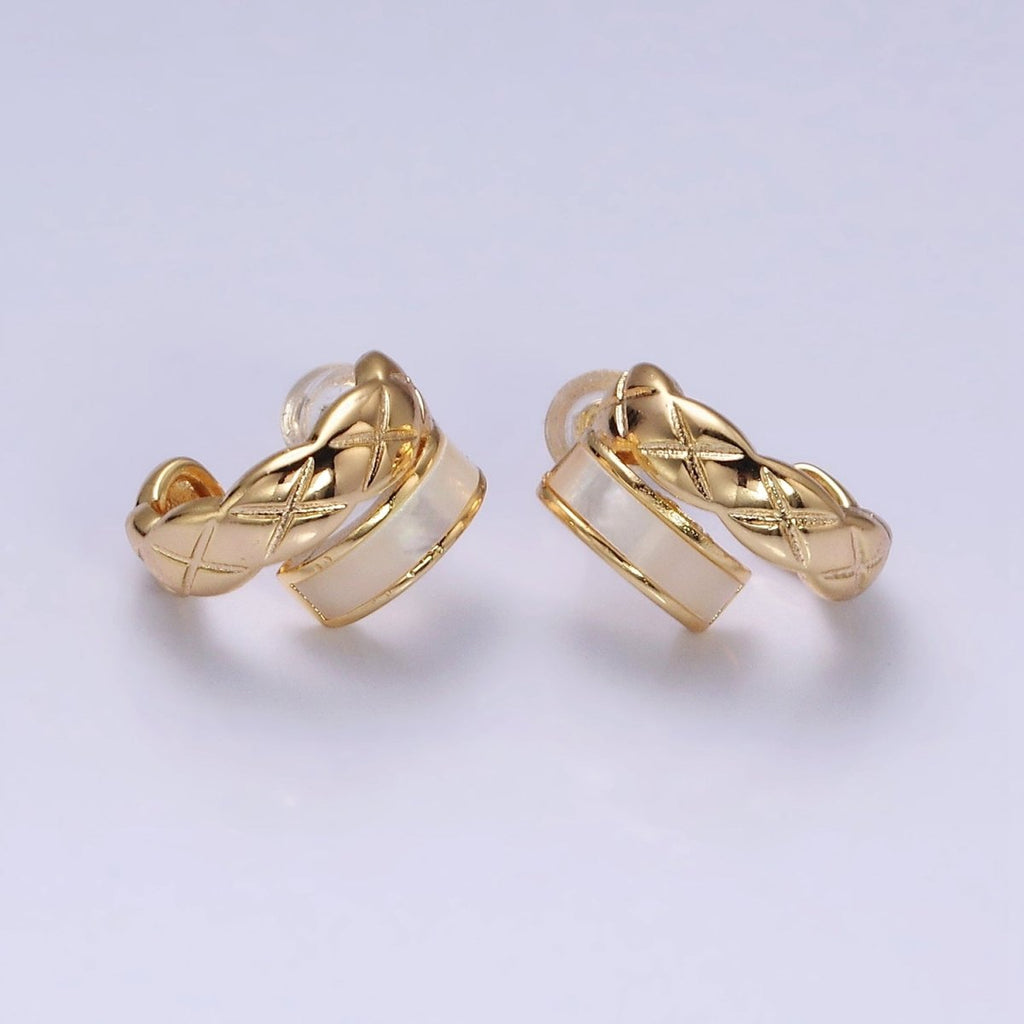16K Gold plated Double Band Quilted X Cross Pearl Lied C-Shaped Hoop Earrings in Gold & Silver | AD096 AD097 - DLUXCA