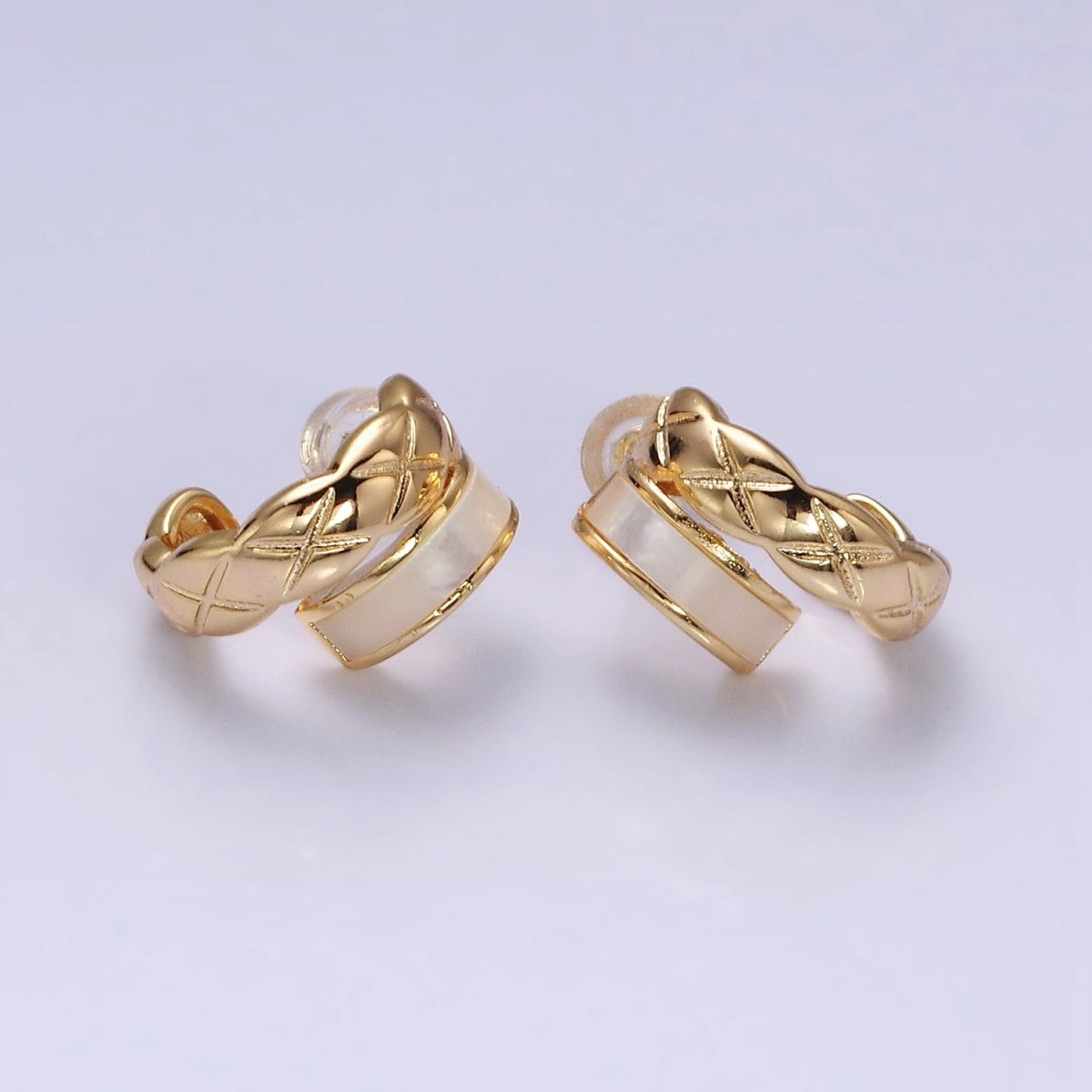 16K Gold plated Double Band Quilted X Cross Pearl Lied C-Shaped Hoop Earrings in Gold & Silver | AD096 AD097 - DLUXCA