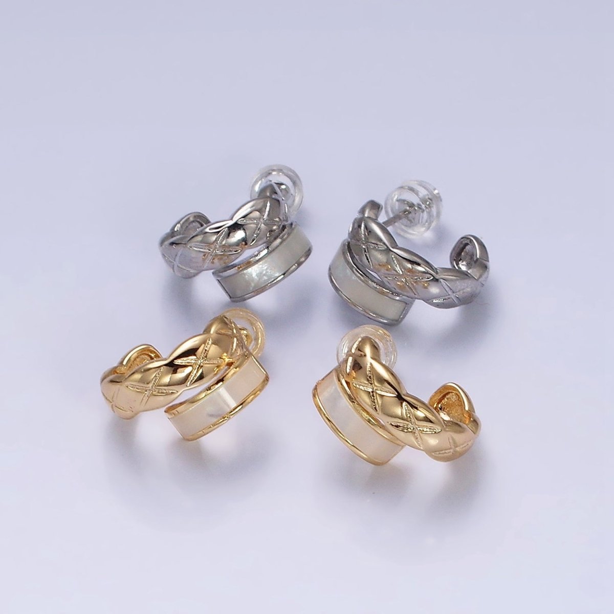 16K Gold plated Double Band Quilted X Cross Pearl Lied C-Shaped Hoop Earrings in Gold & Silver | AD096 AD097 - DLUXCA