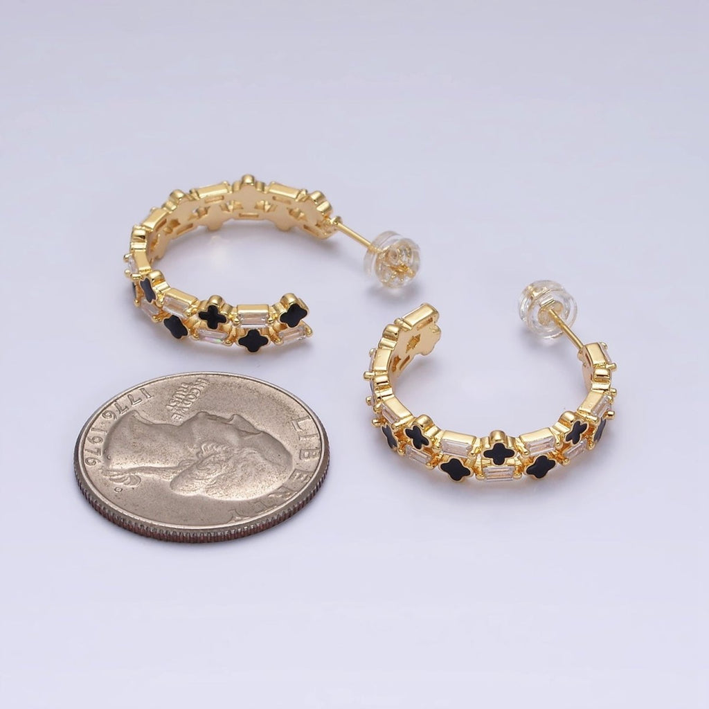 16K Gold plated Double Black Quatrefoil Clover Clear Baguette C-Shaped Hoop Earrings in Gold & Silver | Y-805 Y-806 - DLUXCA