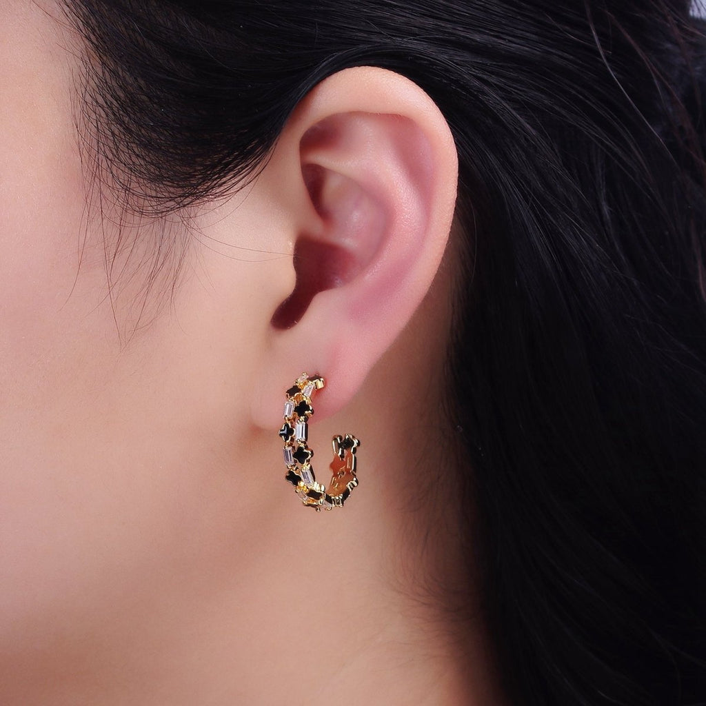 16K Gold plated Double Black Quatrefoil Clover Clear Baguette C-Shaped Hoop Earrings in Gold & Silver | Y-805 Y-806 - DLUXCA