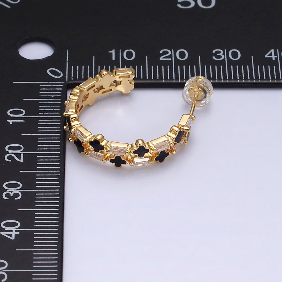 16K Gold plated Double Black Quatrefoil Clover Clear Baguette C-Shaped Hoop Earrings in Gold & Silver | Y-805 Y-806 - DLUXCA
