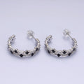 16K Gold plated Double Black Quatrefoil Clover Clear Baguette C-Shaped Hoop Earrings in Gold & Silver | Y-805 Y-806 - DLUXCA