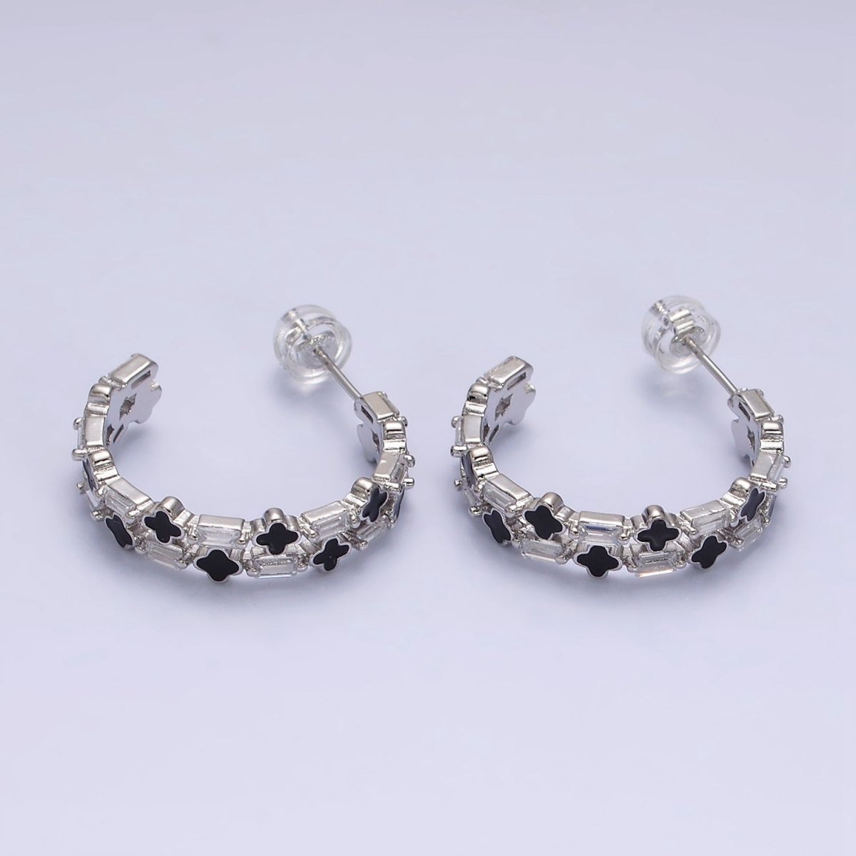 16K Gold plated Double Black Quatrefoil Clover Clear Baguette C-Shaped Hoop Earrings in Gold & Silver | Y-805 Y-806 - DLUXCA