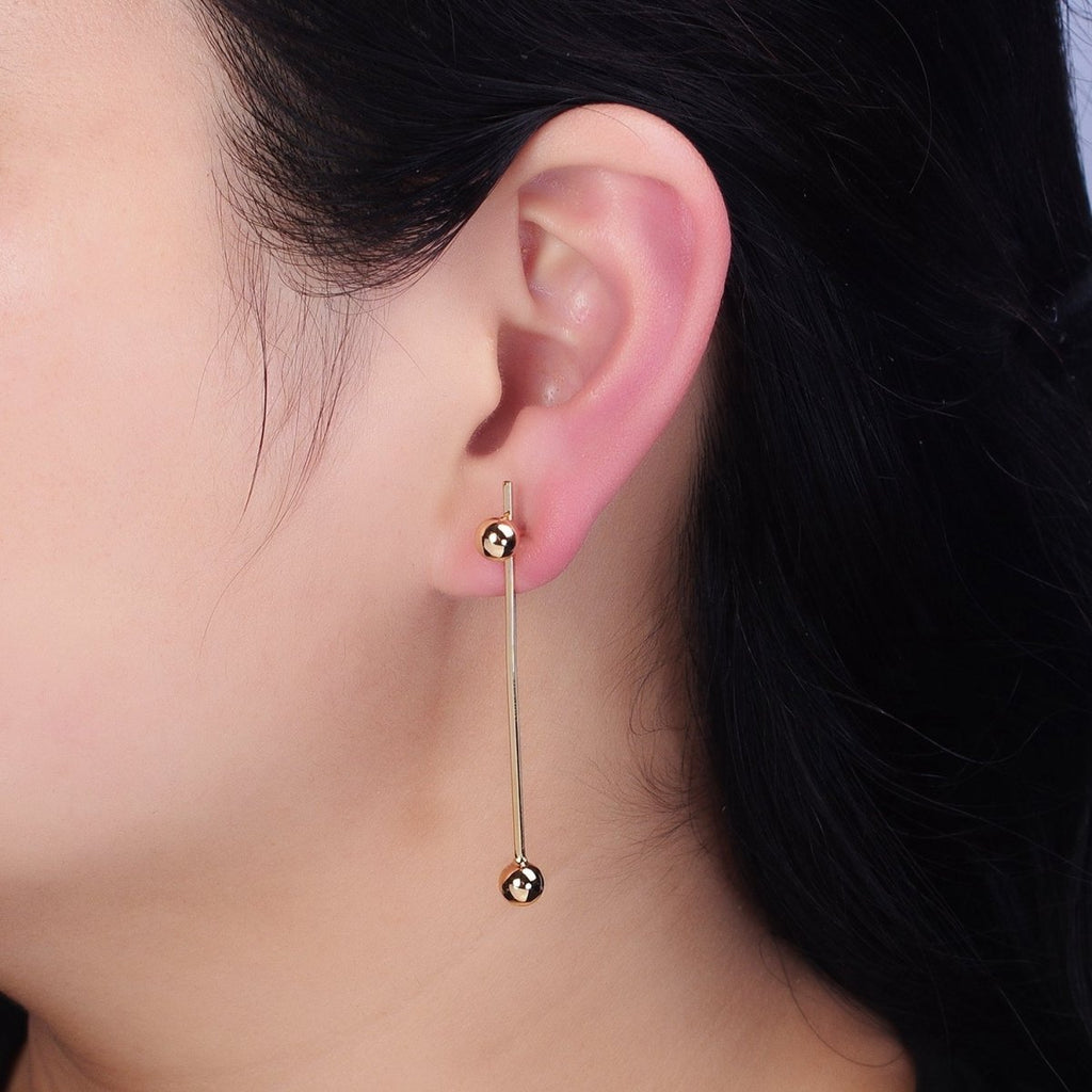 16K Gold plated Double Bubble Bead Geometric Linear Drop Stud Earrings in Gold & Silver | AD1145 AD1146