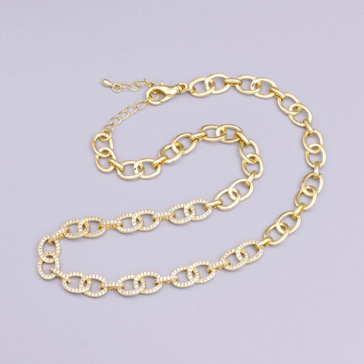16K Gold plated Double Cable Micro Paved CZ Anchor Link 17 Inch Chain Necklace in Gold & Silver | WA-1890 WA-1891 Clearance Pricing