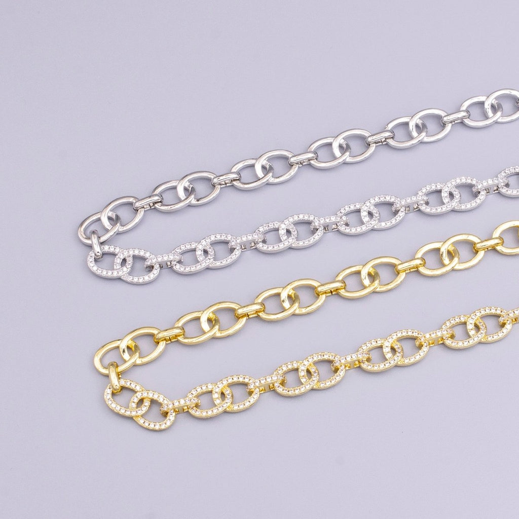 16K Gold plated Double Cable Micro Paved CZ Anchor Link 17 Inch Chain Necklace in Gold & Silver | WA-1890 WA-1891 Clearance Pricing