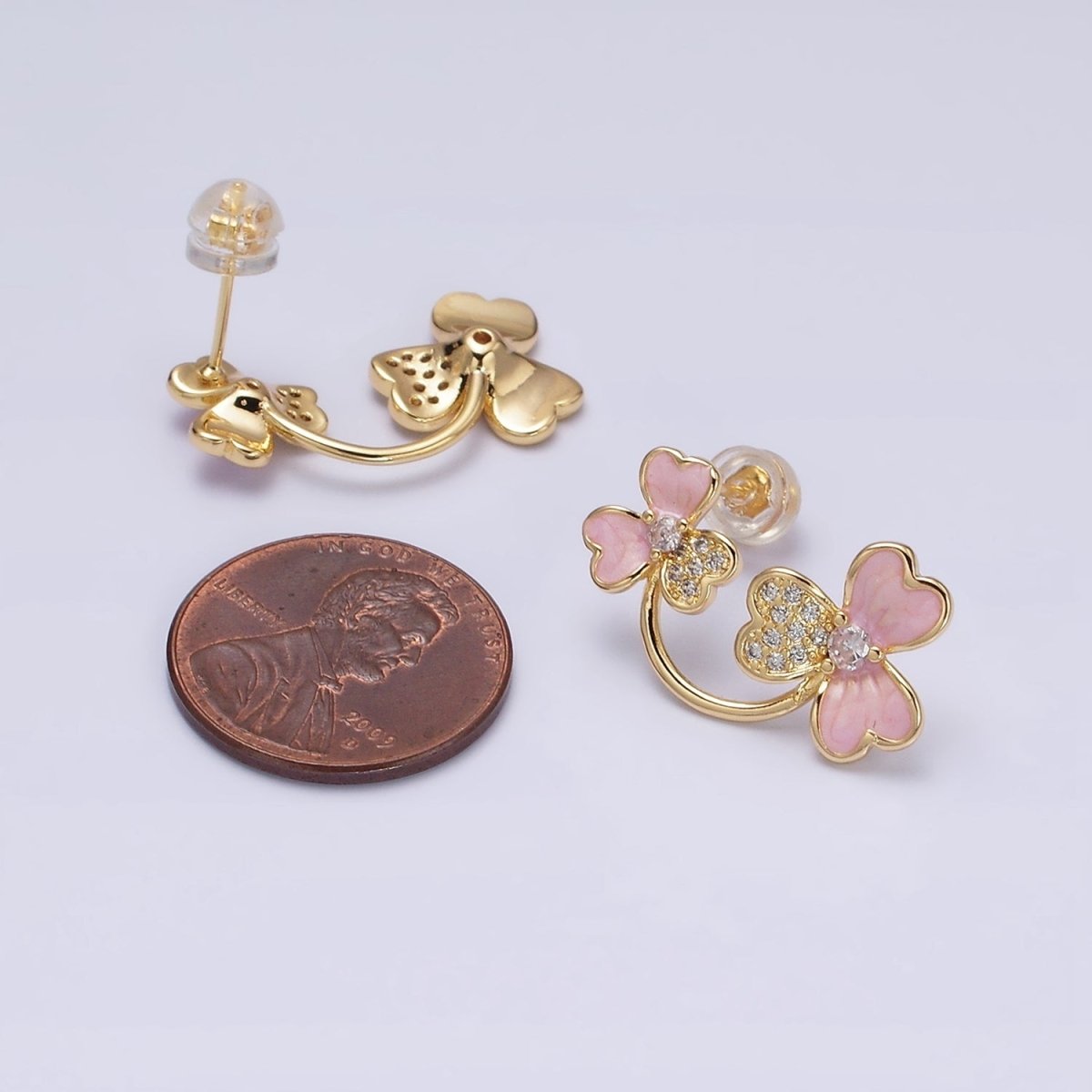 16K Gold plated Double Flower Pink Sparkly Enamel Micro Paved Stud Earrings | AD1095 - DLUXCA