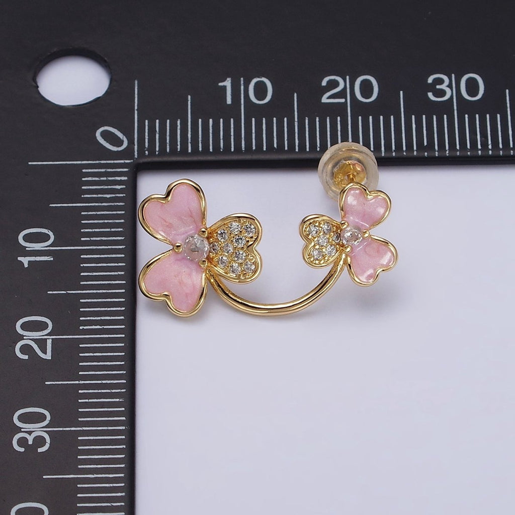 16K Gold plated Double Flower Pink Sparkly Enamel Micro Paved Stud Earrings | AD1095 - DLUXCA
