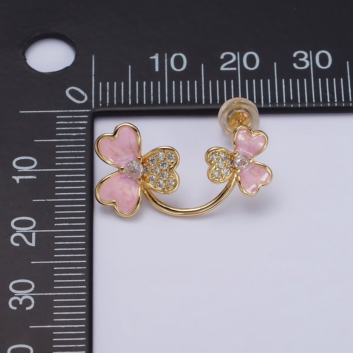 16K Gold plated Double Flower Pink Sparkly Enamel Micro Paved Stud Earrings | AD1095 - DLUXCA